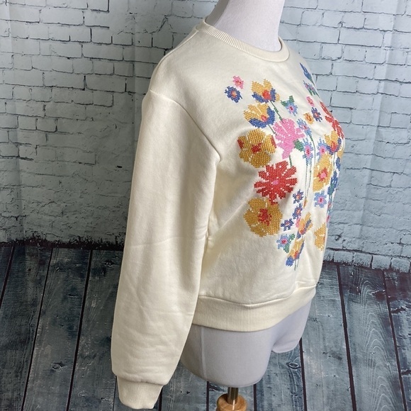 ZARA FLORAL EMBROIDERED Floral SWEATSHIRT Sz S Bloggers Favorite Winter Feminine - Picture 10 of 16